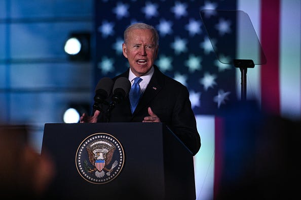 The US President, Joe Biden delivers a speech at the Royal Castle on March 26, 2022 in Warsaw, Poland. Biden arrived in Poland yesterday, meeting with the Polish president as well as U.S. troops stationed near the Ukrainian border, bolstering NATO's eastern flank. 