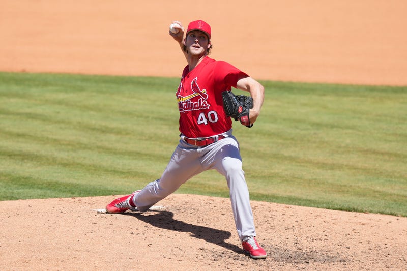 Jake Woodford #40 of the St. Louis Cardinals throws a pitch during the fourth inning of the Spring Training game against the New York Mets at Clover Park on March 27, 2022 in Port St. Lucie, Florida