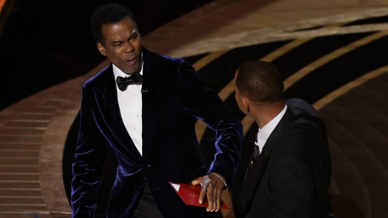 Will Smith slaps Chris Rock onstage during the 94th Annual Academy Awards at Dolby Theatre on March 27, 2022 in Hollywood, California.