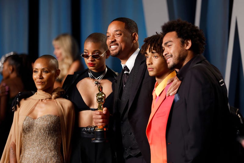 FILE - (L-R) Jada Pinkett Smith, Willow Smith, Will Smith, Jaden Smith, and Trey Smith attend the 2022 Vanity Fair Oscar Party hosted by Radhika Jones at Wallis Annenberg Center for the Performing Arts on March 27, 2022 in Beverly Hills, Calif.