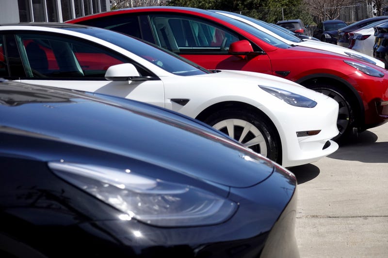 Tesla cars are lined up at a dealership in Chicago, Illinois.