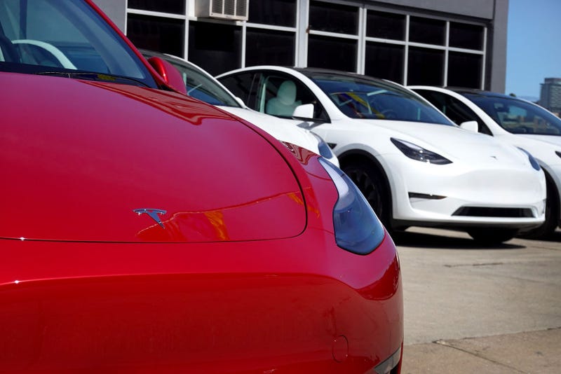 Tesla cars sit in a dealership lot on March 28, 2022 in Chicago, Illinois. Shares of Tesla jumped more than 8 percent today after the electric car maker announced a second stock split in less than two years.
