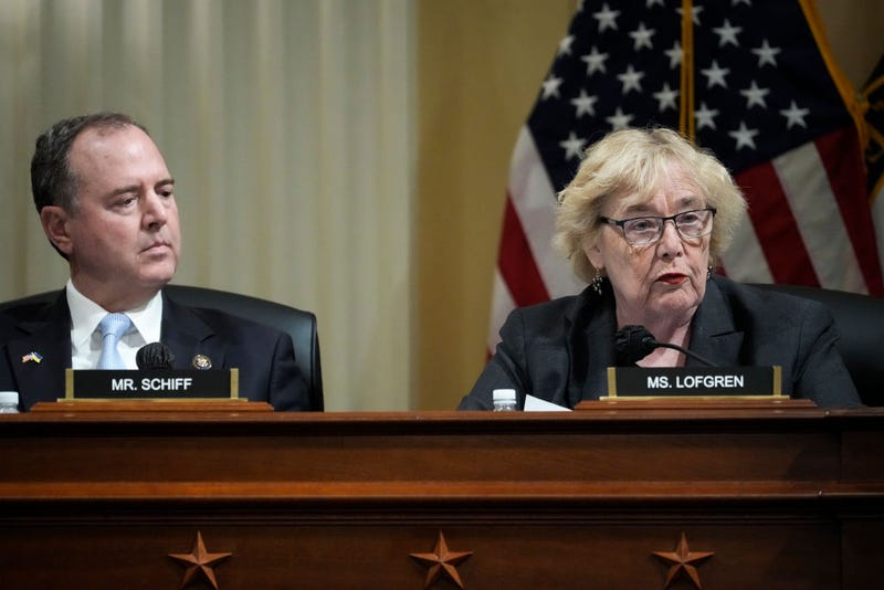 Rep. Zoe Lofgren (D-CA) (R) speaks alongside Rep. Adam Schiff (D-CA) during a Select Committee to Investigate the January 6th Attack on the U.S. Capitol committee business meeting on Capitol Hill March 28, 2022 in Washington, DC.