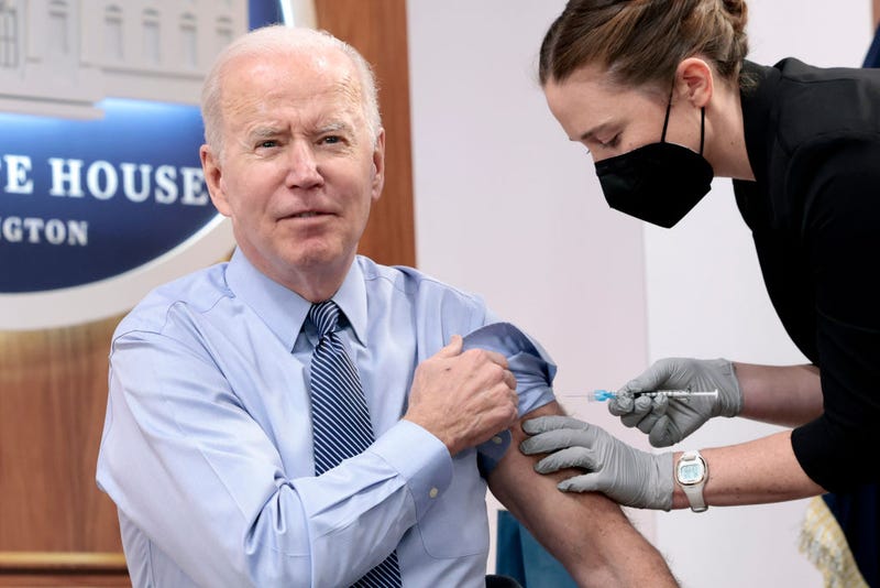 President Joe Biden receives a fourth dose of the Pfizer/BioNTech Covid-19 vaccine in the South Court Auditorium on March 30, 2022 in Washington, DC. Before receiving his second booster shot President Biden gave remarks calling on Congress to pass further legislation to provide more funding to aid the Covid-19 pandemic response. (Photo by Anna Moneymaker/Getty Images)