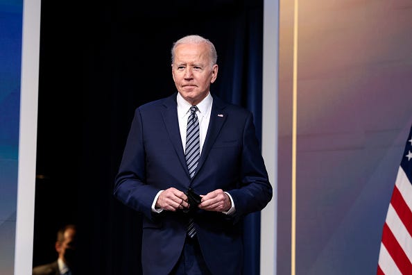 U.S. President Joe Biden arrives to give remarks on gas prices in the United States from the South Court Auditorium of the White House on March 31, 2022 in Washington, DC. 