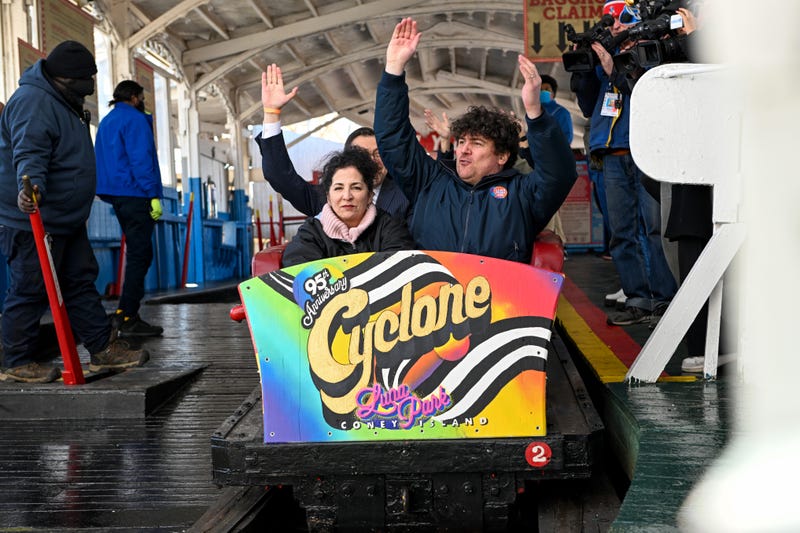 New York State Senator Diane Savino and Alessandro Zamperla ride the cyclone at Luna Park on the opening day of the season at Coney Island.