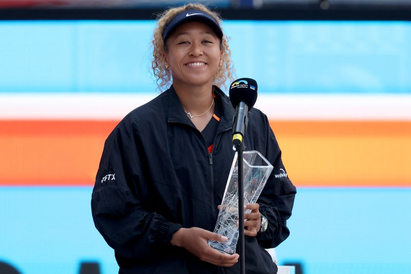 Naomi Osaka of Japan addresses the audience after losing to Iga Swiatek of Poland during the women's final of the Miami Open at Hard Rock Stadium on April 02, 2022 in Miami Gardens, Florida.