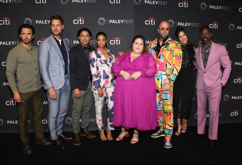 L-R) Milo Ventimiglia, Justin Hartley, Jon Huertas, Susan Kelechi Watson, Chrissy Metz, Chris Sullivan, Mandy Moore, and Sterling K. Brown attend the 39th Annual PaleyFest LA - "This Is Us" at Dolby Theatre on April 02, 2022 in Hollywood, California. 