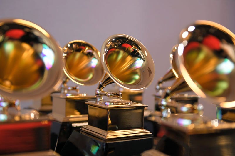 Grammy trophies sit in the press room during the 64th Annual GRAMMY Awards at MGM Grand Garden Arena on April 03, 2022 in Las Vegas, Nevada. 