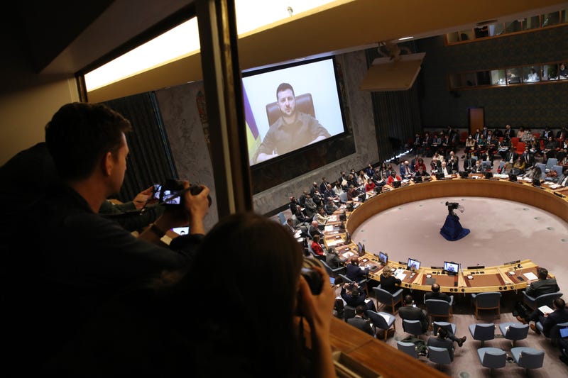 Ukrainian President Volodymyr Zelensky addresses the United Nations (UN) Security Council via video link on April 05, 2022 in New York City