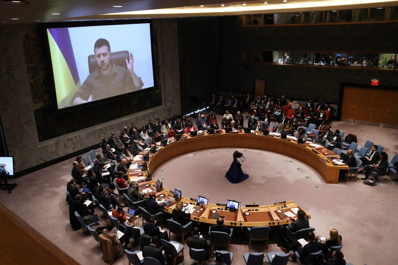 Ukrainian President Volodymyr Zelensky addresses the United Nations (UN) Security Council via video link on April 05, 2022 in New York City
