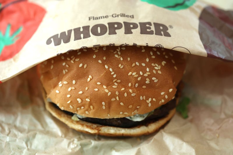 In this photo illustration, a Burger King Whopper hamburger is displayed on April 05, 2022 in San Anselmo, California.