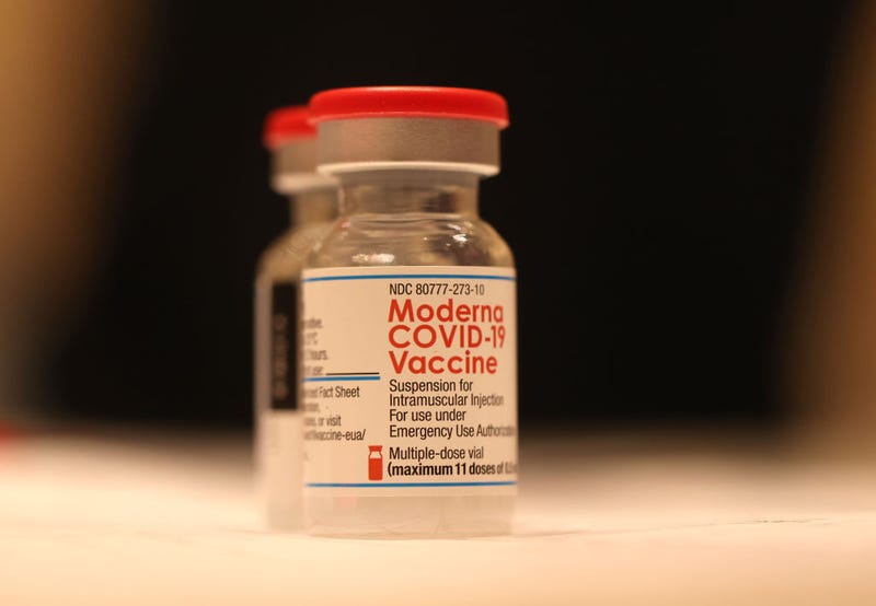 Vials of Moderna COVID-19 vaccine sit on a table at a COVID-19 vaccination clinic on April 06, 2022 in San Rafael, California.