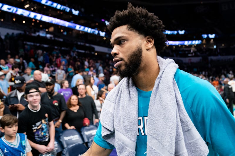 Miles Bridges #0 of the Charlotte Hornets walks off the court after defeating the Orlando Magic during their game at Spectrum Center on April 07, 2022 in Charlotte, North Carolina.