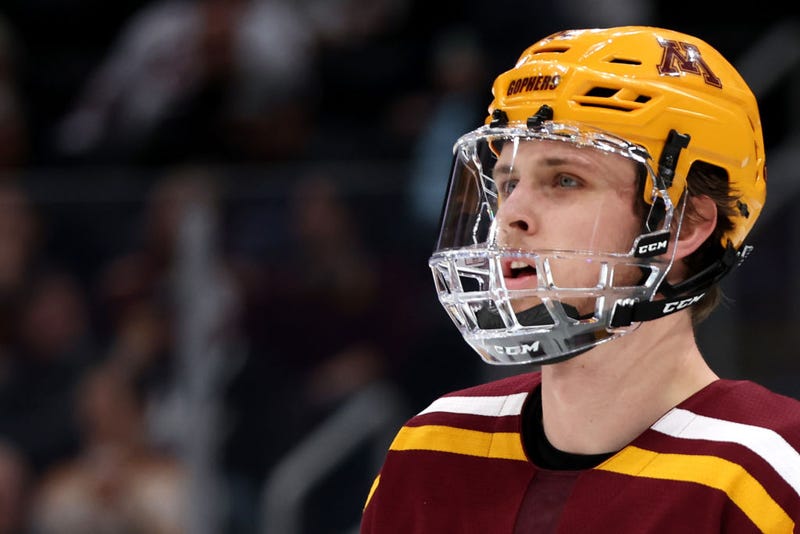 Jaxon Nelson #24 of the Minnesota Gophers looks on during the first period of the Frozen Four semifinal against the Minnesota State Mavericks at TD Garden on April 07, 2022 in Boston, Massachusetts.