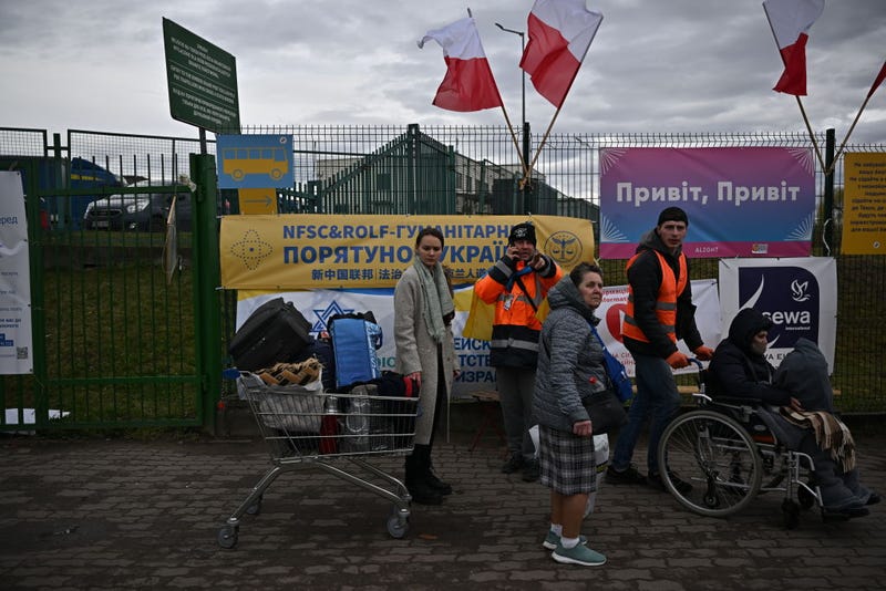  People, mostly women and children, cross from war-torn Ukraine into Poland at the Medyka border crossing on April 09, 2022 in Medyka, Poland. 
