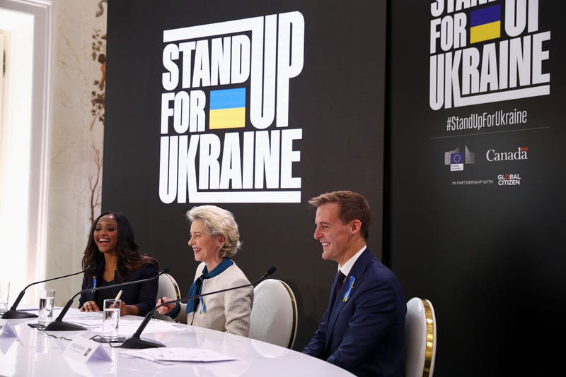 (L-R) Isha Sesay, Ursula von der Leyen, President of the European Commission, and Hugh Evans, CEO & Co-founder, Global Citizen speak onstage during Stand Up For Ukraine on April 09, 2022 in Warsaw, Poland.