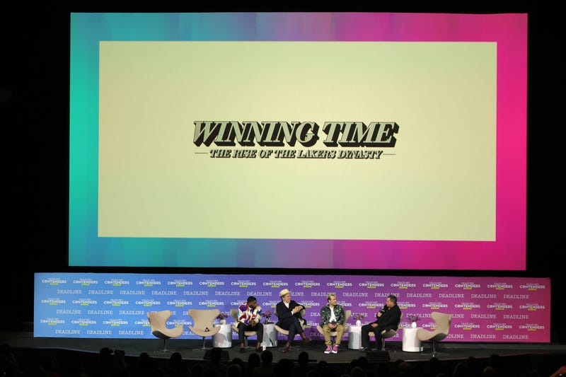  (L-R) Actors Quincy Isaiah, John C. Reilly, Showrunner/Writer/EP Max Borenstein, and moderator Mike Fleming speak onstage during HBO Max's 'Winning Time: The Rise of the Lakers Dynasty' panel during Deadline Contenders Television at Paramount Studios on April 10, 2022 in Los Angeles, California. 