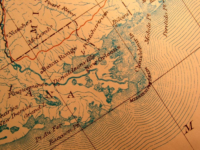 Antique map 1916 government-copyright free. Rich paper texture and warm colors make this a nice background or decor print. Centered on New Orleans