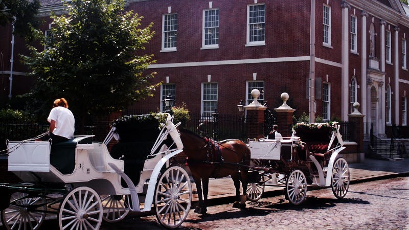 Horse-drawn carriages in Philadelphia.
