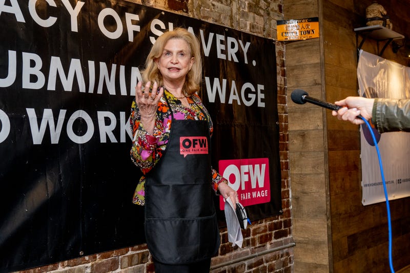 Representative Carolyn Maloney speaks during a Learn About Worker Experiences event at the Baodega restaurant in the Flatiron district on April 11, 2022 in New York City.