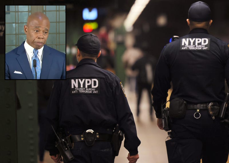 NYPD officers patrol the subway platform at the Atlantic Avenue subway station on April 13, 2022. Mayor Adams said he wants to make sure officers are out on platforms and in trains instead of on their phones near the ticket booths
