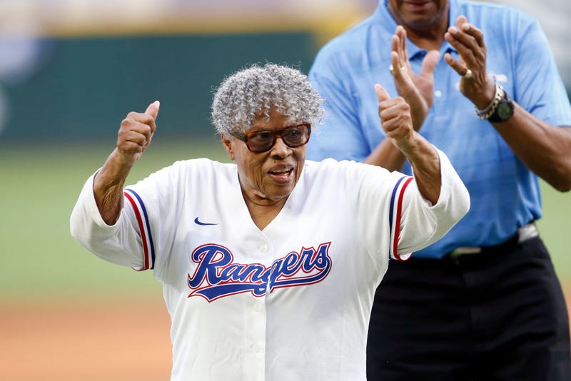 Opal Lee reacts after throwing out the first pitch before the game between the Texas Rangers and the Los Angeles Angels at Globe Life Field on April 15, 2022 in Arlington, Texas. All players are wearing the number 42 in honor of Jackie Robinson Day.
