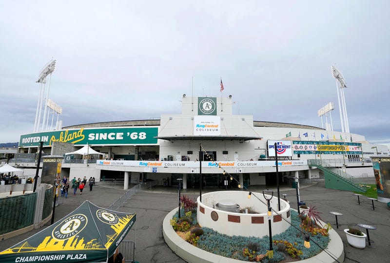 A general view of the outside of the stadium prior to the start of the home opener between the Baltimore Orioles and Oakland Athletics at RingCentral Coliseum on April 18, 2022 in Oakland, California.