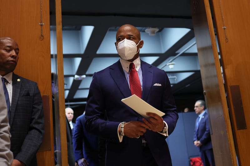 Mayor Eric Adams arrives for a press conference 1 Police Plz. on April 20, 2022 in New York City