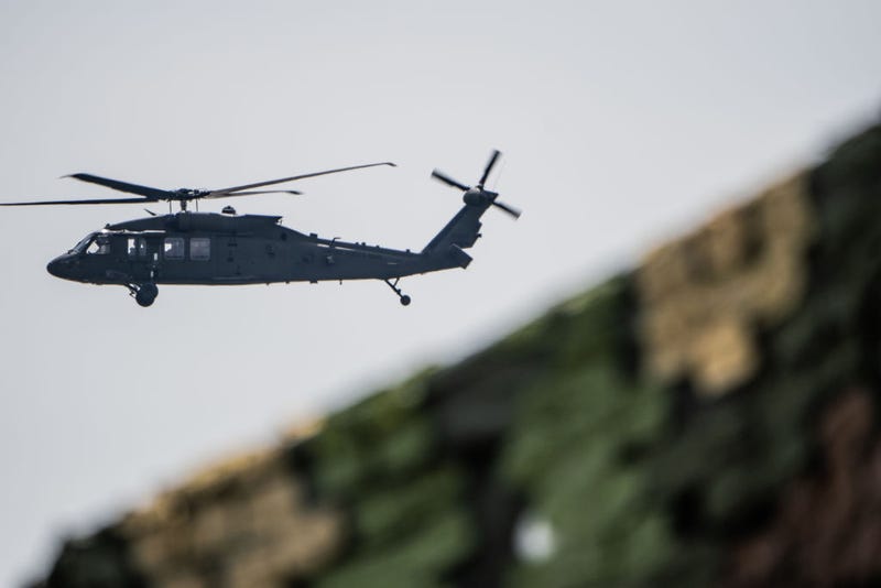 Black Hawk helicopter flies during the demonstrations of the capabilities of the multinational battle group at Novo Selo military ground