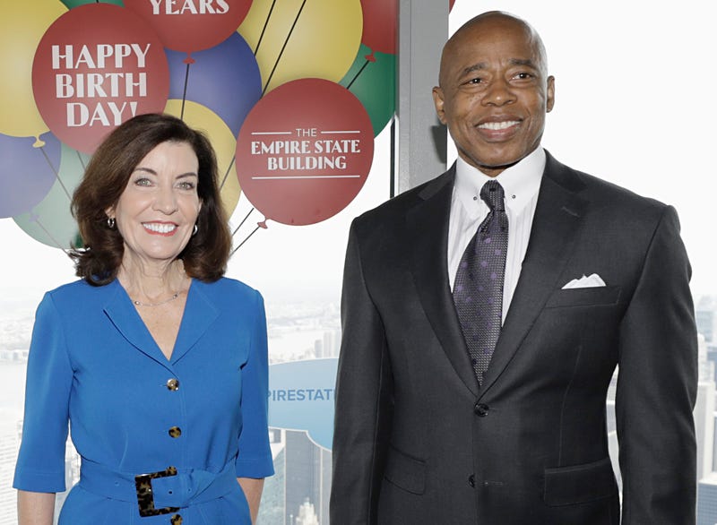 Mayor Eric Adams and Gov. Kathy Hochul present Empire Building Playbook at The Empire State Building on April 21, 2022 in New York City