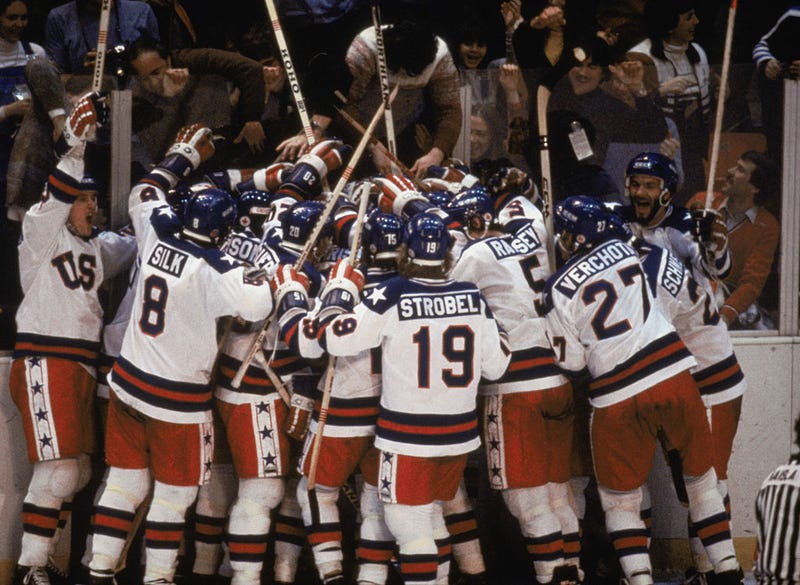 Team USA celebrates their 4-3 victory over the Soviet Union in the semi-final Men's Ice Hockey event at the Winter Olympic Games in Lake Placid, New York on February 22, 1980. The game was dubbed "the Miracle on Ice". The USA went on to win the gold medal by defeating Finland 4-2 in the gold medal game.