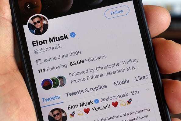 In this photo illustration, The Twitter profile of Elon Musk with more than 80 million followers in shown on a cell phone on April 25, 2022 in Chicago, Illinois.