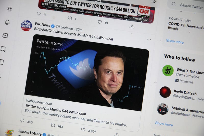 n this photo illustration, news about Elon Musk's bid to takeover Twitter is tweeted on April 25, 2022 in Chicago, Illinois. It was announced today that Twitter has accepted a $44 billion bid from Musk to acquire the company. (Photo Illustration by Scott Olson/Getty Images)