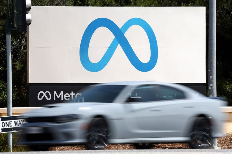 A sign is posted in front of Meta headquarters on April 28, 2022 in Menlo Park, California.