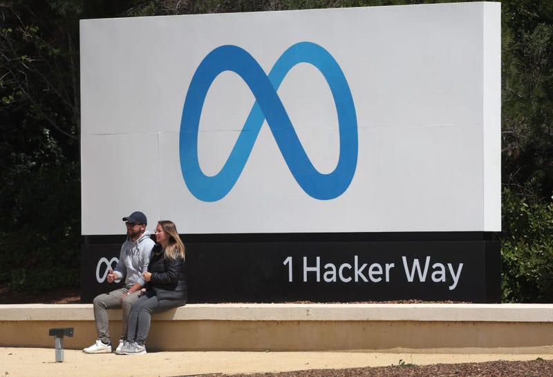 A sign is posted in front of Meta headquarters on April 28, 2022 in Menlo Park, California.