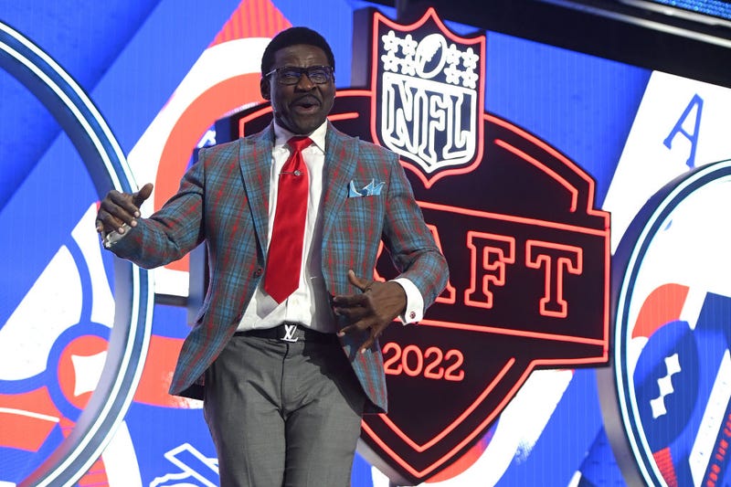 all of Famer Michael Irvin dances onstage during round one of the 2022 NFL Draft on April 28, 2022 in Las Vegas, Nevada.