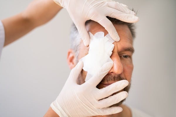 Nurse putting a bandage over a man’s eye