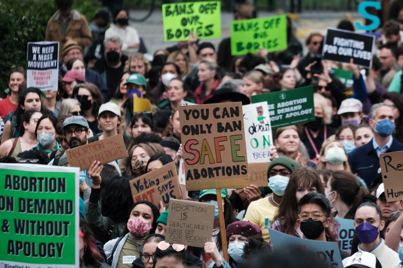 Thousands of people gather in Foley Square in Manhattan to show their support for abortion rights in America on May 03, 2022 in New York City. A leaked draft opinion by Justice Samuel Alito has suggested that the U.S. Supreme Court is poised to overturn Roe v. Wade, a historic ruling that gives women in America the ability to legally have abortions.