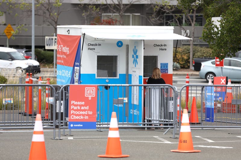 A customer checks in at a Curative COVID-19 test facility at the Larkspur Ferry terminal on May 05, 2022 in Larkspur, California. 