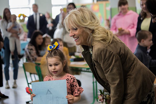 US First Lady, Jill Biden speaks with Ukrainian children who fled to Slovakia following the Russian invasion of Ukraine on Mother's Day at Primary School Tomasikova 31 on May 8, 2022 in Kosice, Slovakia. 