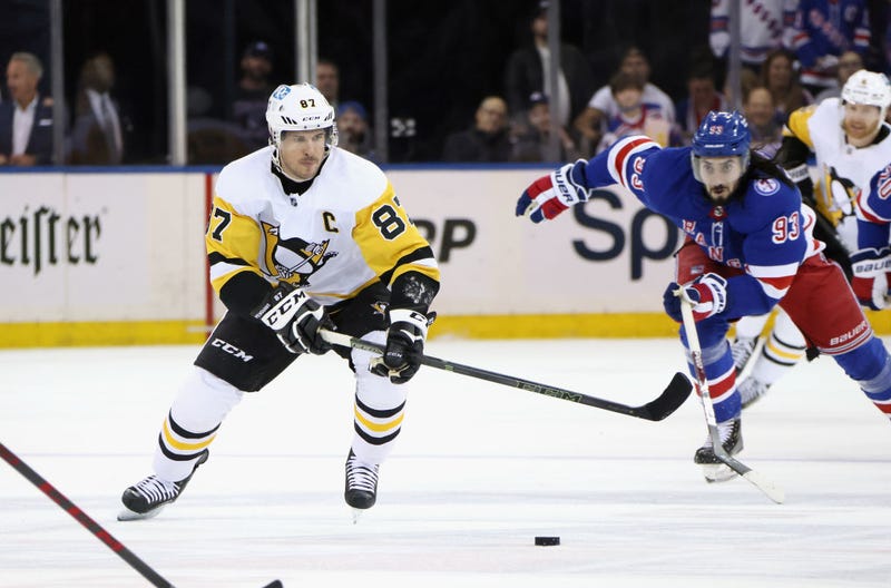 Sidney Crosby #87 of the Pittsburgh Penguins skates against the New York Rangers in Game Five of the First Round of the 2022 Stanley Cup Playoffs at Madison Square Garden