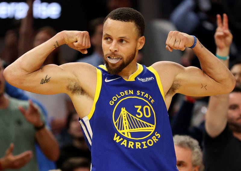 Stephen Curry #30 of the Golden State Warriors flexes against the Memphis Grizzlies during the second quarter in Game Six of the 2022 NBA Playoffs Western Conference Semifinals at Chase Center on May 13, 2022 in San Francisco, California.
