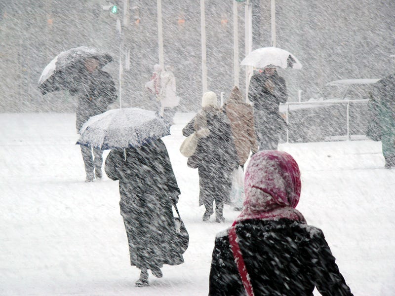 People walking in a severe snow storm. 