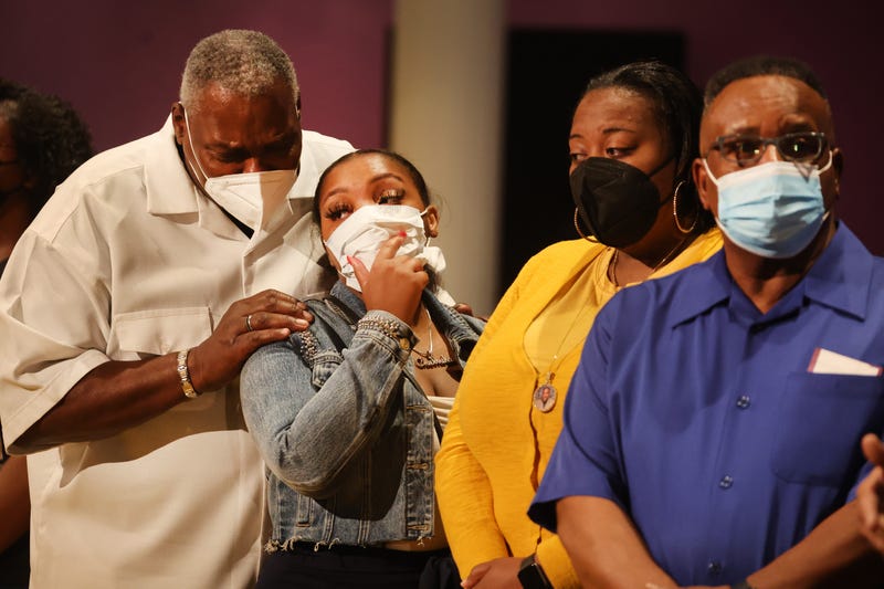 Family members and an employee from the Tops market shooting attend services at True Bethel Baptist Church on May 15, 2022 in Buffalo, New York.