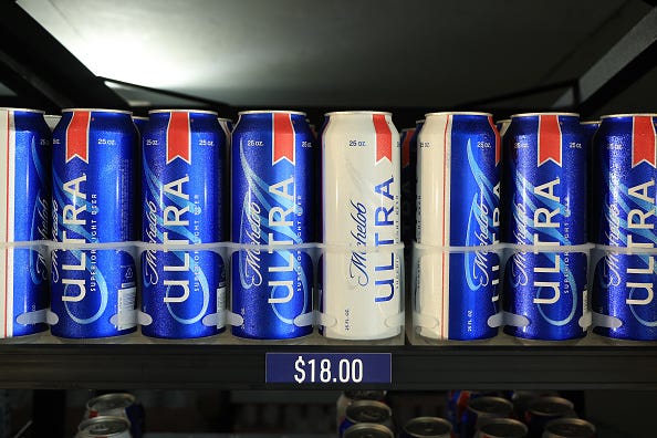 The concession stand beer case with Michelob ULTRA is seen during a practice round prior to the start of the 2022 PGA Championship at Southern Hills Country Club on May 17, 2022 in Tulsa, Oklahoma. 