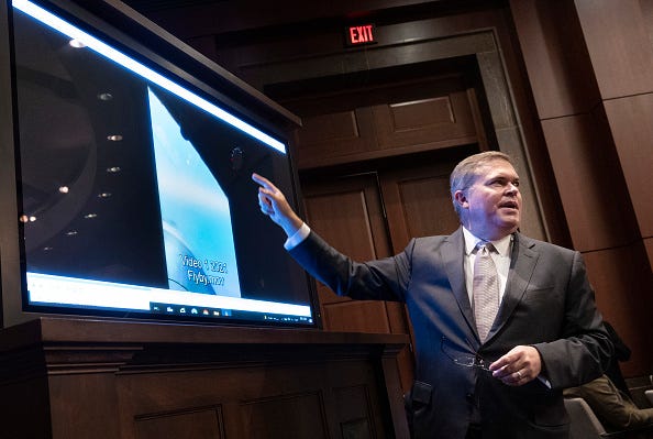 U.S. Deputy Director of Naval Intelligence Scott Bray explains a video of unidentified aerial phenomena, as he testifies before a House Intelligence Committee subcommittee hearing at the U.S. Capitol on May 17, 2022 in Washington, DC. The committee met to investigate Unidentified Aerial Phenomena, commonly referred to as Unidentified Flying Objects (UFOs). 