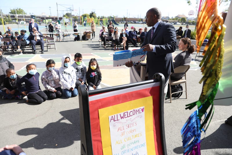 California State Superintendent of Schools Tony Thurmond reads from the book "Red: A Crayon's Story" to second grade students at Nystrom Elementary School on May 17, 2022 in Richmond, California. 
