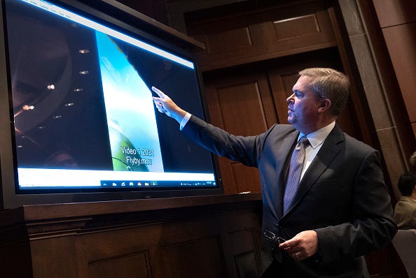 U.S. Deputy Director of Naval Intelligence Scott Bray explains a video of an unidentified aerial phenomena, as he testifies before a House Intelligence Committee subcommittee hearing at the U.S. Capitol on May 17, 2022 in Washington, DC. 