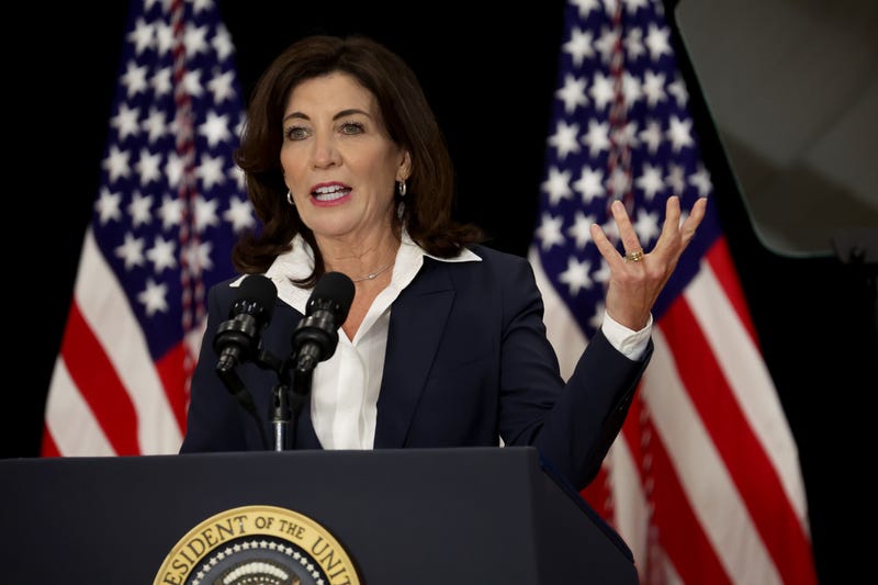 New York Governor Kathy Hochul speaks to guests during an event with US President Joe Biden and several family members of victims of the Tops market shooting at the Delavan Grider Community Center on May 17, 2022 in Buffalo, New York. Biden along with first lady Dr. Jill Biden placed flowers at a memorial outside of the market and met with family members of victims during their visit to the city. A gunman opened fire Saturday at the store killing ten people and wounding another three. The attack was believed to be motivated by racial hatred.